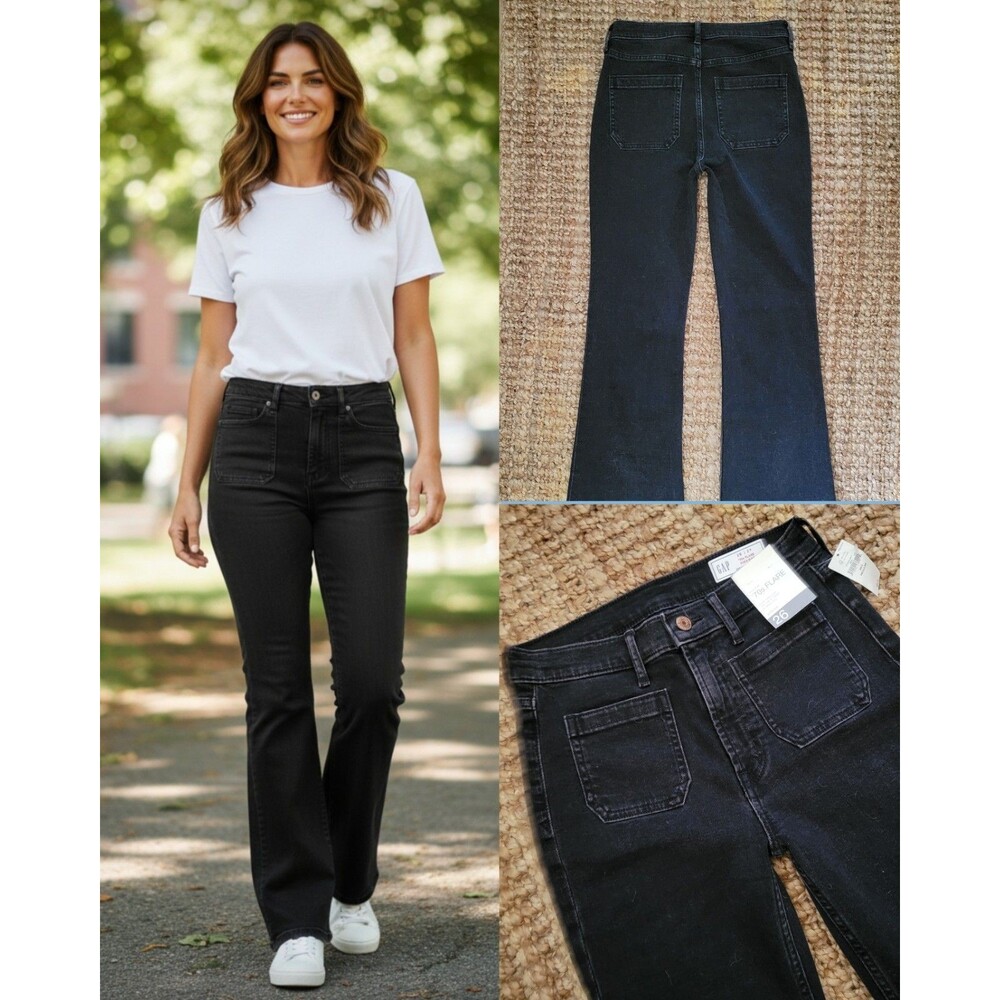 Gap High Rise 70s Flare Black Stretch Front Pockets Vintage Wash Jeans 26 2 32"